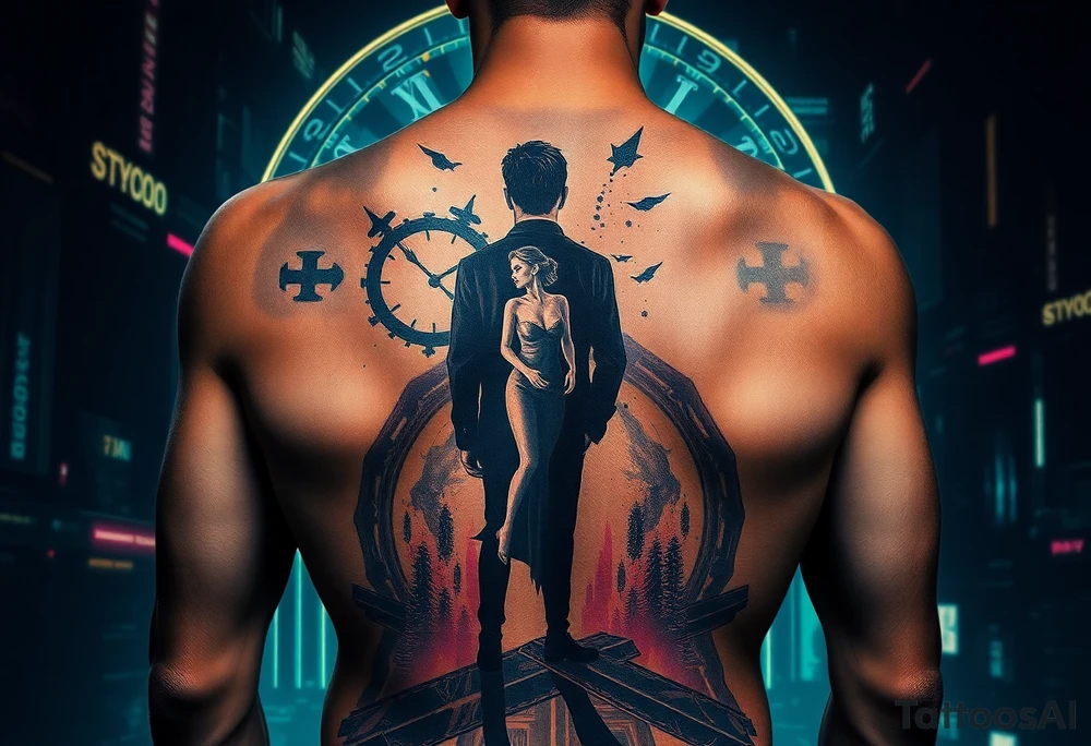 dark futuristic back tattoo, lonely man standing in a neon city, giant broken clock behind him, holographic money dissolving into particles, ghost silhouette of a woman disappearing, emotional storytelling tattoo, cyberpunk style, ultra detailed full back piece tattoo idea
