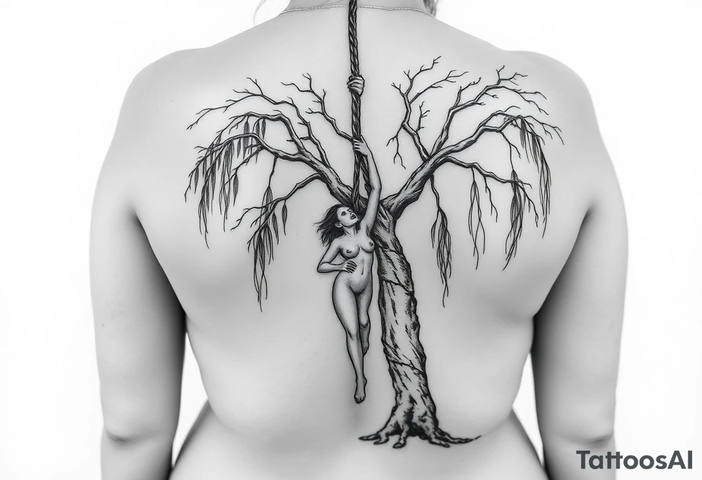 naked plus sized sexy woman hanging with a rope around her neck dying from aweeping willow tree tattoo idea