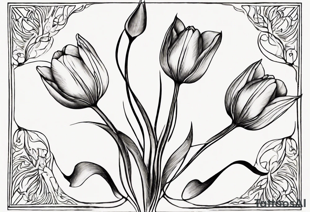 Generate a compelling tattoo design featuring three tulips with intertwining stems. Emphasize the graceful entwining of the stems, creating a harmonious and visually captivating composition. Each tulip should showcase distinct characteristics, from the delicate curves of the petals to the intricate details of the stamen. Consider incorporating elements that symbolize unity, growth, and interconnectedness. Capture the essence of nature's beauty while ensuring the overall design is balanced and aesthetically pleasing. tattoo idea