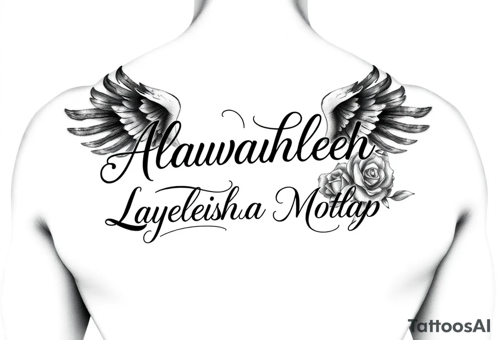 Create a bold and seductive upper back tattoo design featuring the name “Aalayahleigh Marita Layeleisha Rowena Motlap” in elegant cursive script. The lettering should flow smoothly across the upper back with a luxurious and masculine aesthetic. Add fine-line roses, dark angel wings fading behind the text, subtle smoke shading, and glossy chrome-style highlights to make the tattoo look hot, powerful, and romantic. Include intricate shadow work and detailed calligraphy with a black-and-grey realistic style. The design should feel sexy, premium, and eye-catching, with a balance of softness and dominance. Make the name the centerpiece with dramatic curves and artistic flourishes extending naturally across the shoulders. tattoo idea