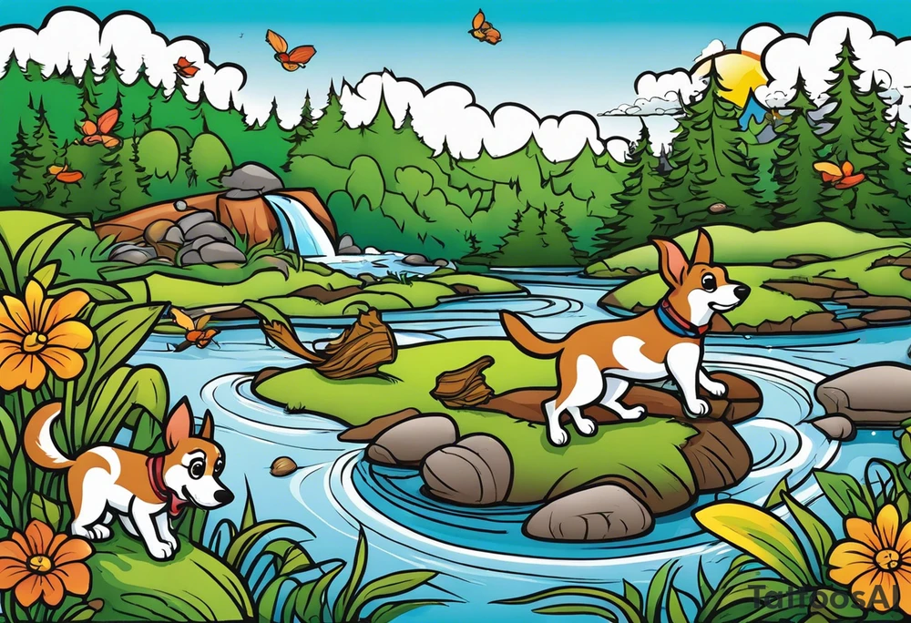 River swamp with beagles squirrel hunting tattoo idea