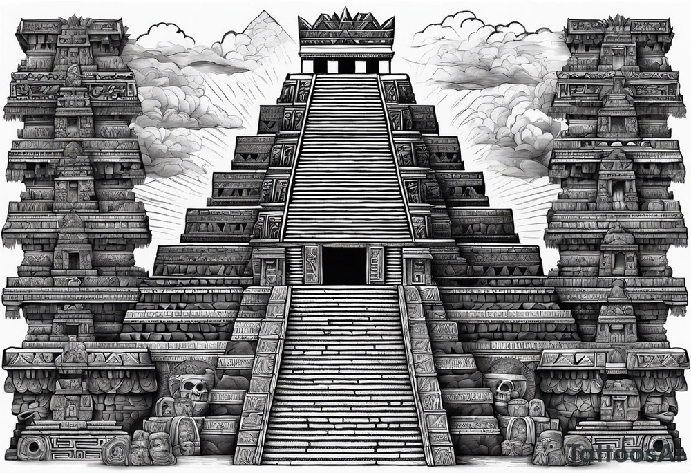 Aztec pyramids and wall of skulls sleeve incorporate factual items found in Teotihuacan tattoo idea