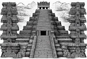 Aztec pyramids and wall of skulls sleeve incorporate factual items found in Teotihuacan tattoo idea