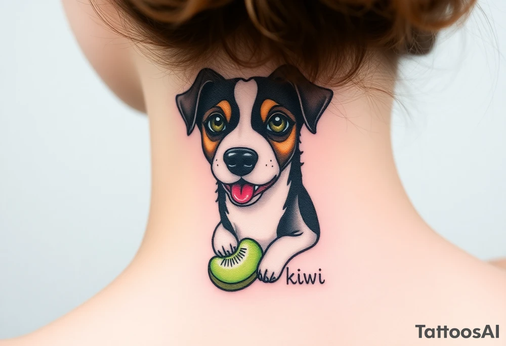 One line tattoo of female dog with white strip going up dog’s snout slightly off centered. With  toy and the dogs tongue slightly out and the name kiwi and an Aquarius them to it . Just the colors black  white brown and green tattoo idea