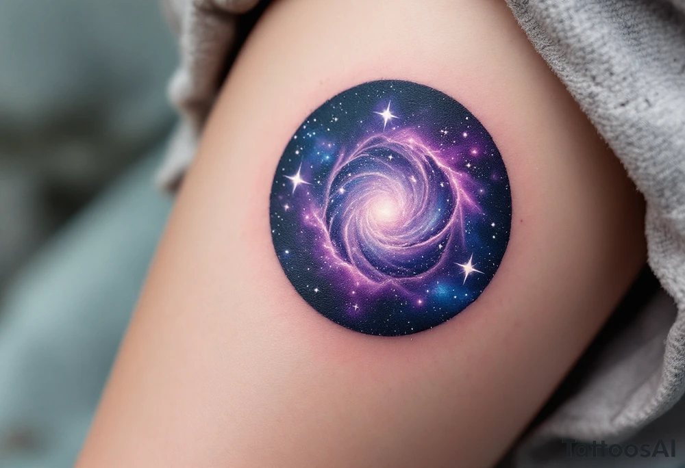 A small galaxy-filled circle in purple, indigo, and black, with specks of white stars. tattoo idea