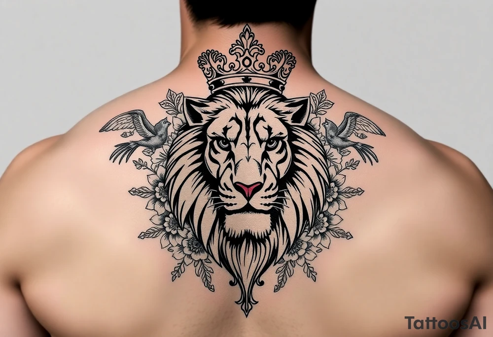 powerful majestic lion with a crown, surrounded by floral ornaments and birds tattoo idea