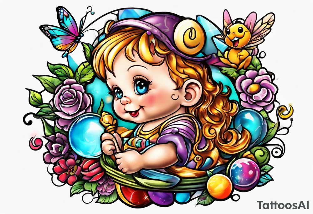 90’s baby tattoo with 90’s and 2000’s cartoons tattoo idea