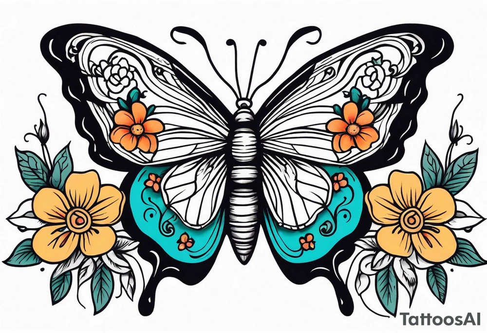 butterfly old school traditional vintage with flowers surrounding it tattoo idea