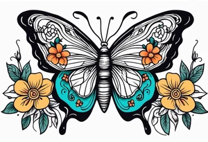 butterfly old school traditional vintage with flowers surrounding it tattoo idea