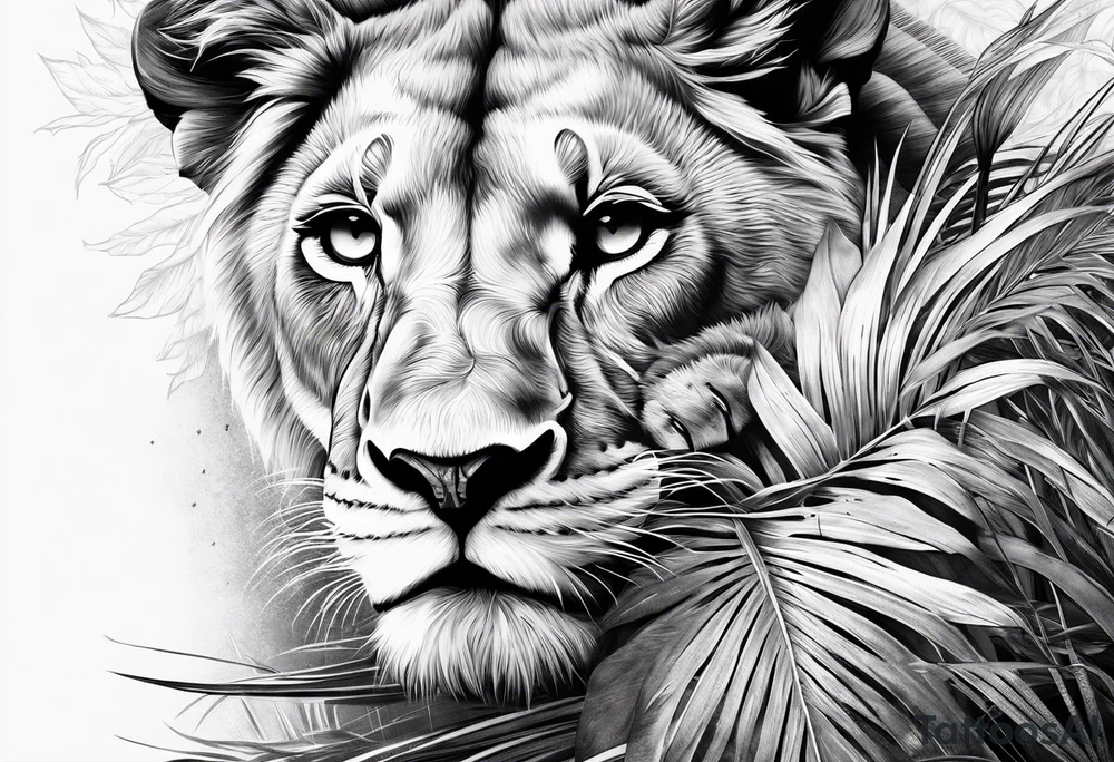 lioness and cub sun palm tree tattoo idea