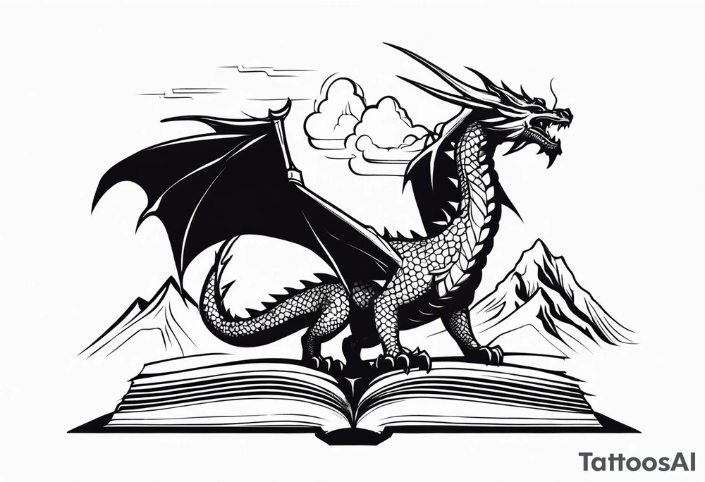 an open fantasy book. a flying dragon with scales and four legs. a castle. three mountain peaks tattoo idea