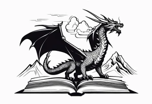 an open fantasy book. a flying dragon with scales and four legs. a castle. three mountain peaks tattoo idea