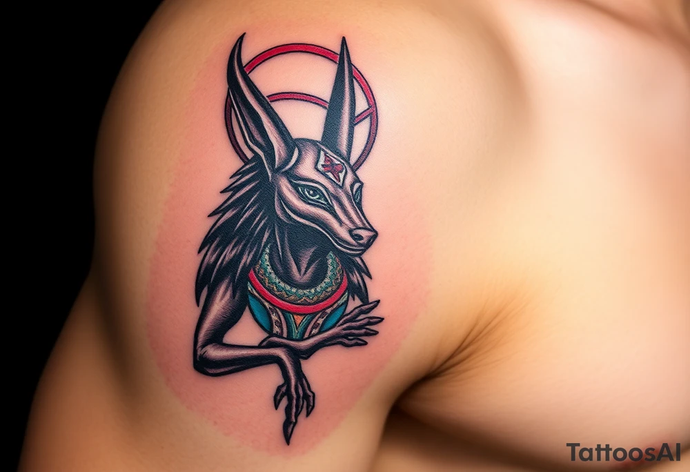 An Anubis with a Halo – Blending Egyptian mythology with Christian spirituality, symbolizing protection and righteousness (Red black and chrome blue are only colors possible) tattoo idea