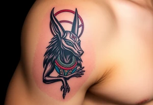 An Anubis with a Halo – Blending Egyptian mythology with Christian spirituality, symbolizing protection and righteousness (Red black and chrome blue are only colors possible) tattoo idea