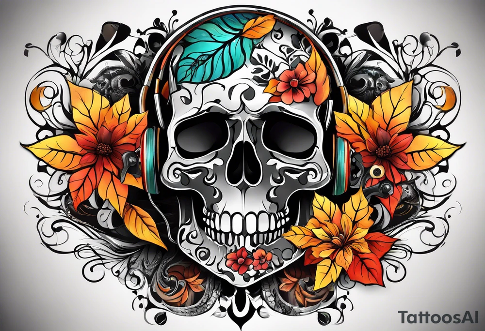 arm sleeve with fall colors, flowers, water flow shapes, leaves and various natural shapes, music notes, skulls tattoo idea