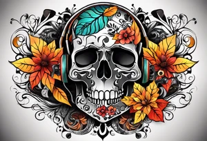 arm sleeve with fall colors, flowers, water flow shapes, leaves and various natural shapes, music notes, skulls tattoo idea