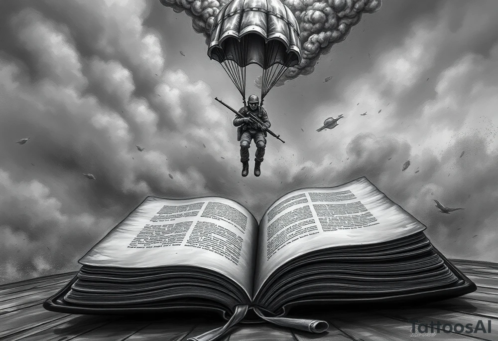 “A parachuting soldier descending from a storm-torn sky, smoke, embers and debris swirling around; the soldier is in mid-air, detailed gear (helmet, boots, rifle slung over shoulder), just about to land into an open, aged book with weathered pages spread wide. The book is large, ancient leather bound, its pages fluttering, cracks or tears on edges. The scene is dramatic, surreal: perspective from low so you see the book in foreground, sky above dark and chaotic, contrast between harsh sky and the calm, almost sacred book. Style: high-contrast black & grey with some muted earth tones and a single vivid accent colour (e.g. red). Fine line work, slightly realistic with stylised surreal elements; shadows deep; textures of leather, cloth, smoke detailed.” tattoo idea