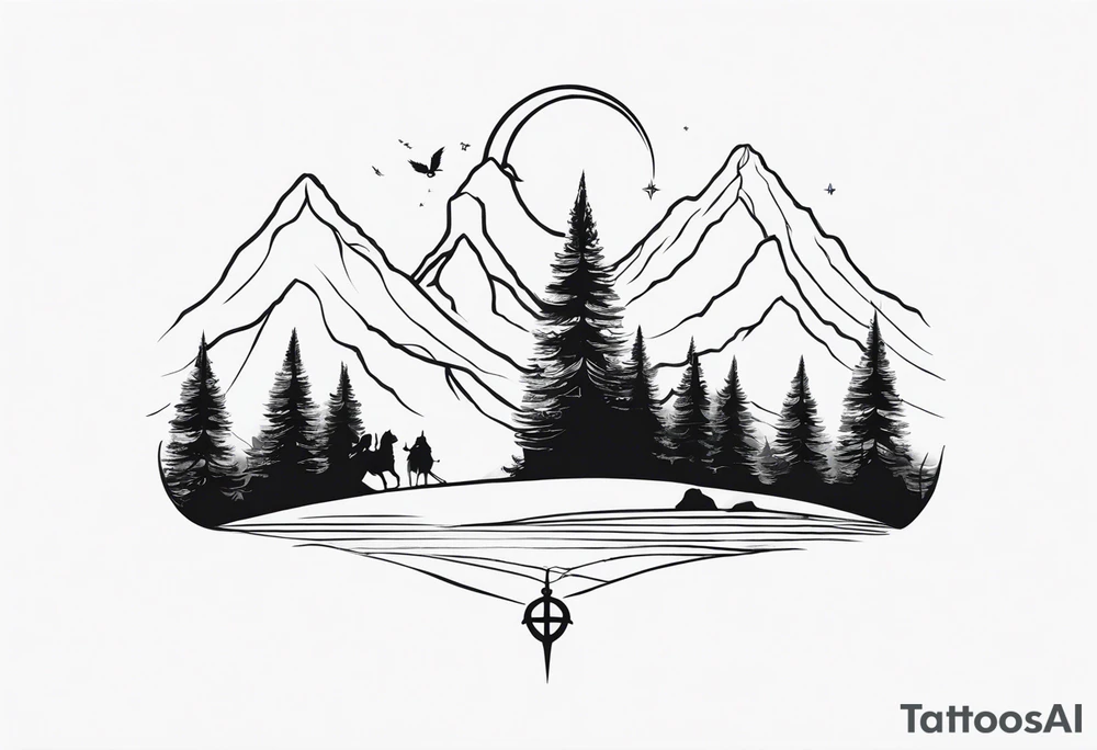 Lord of the rings main with Harry Potter mashup but clear independent visual symbolism of both movies. Small and minimal. tattoo idea