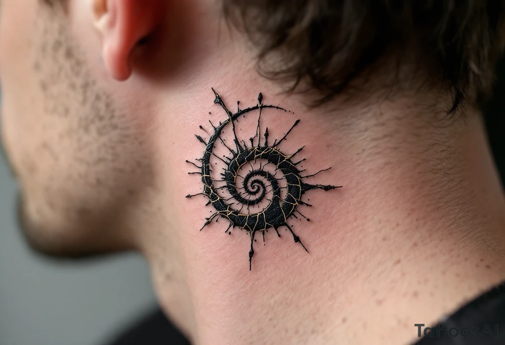 A black ink spiral encased in fractured golden glass lines, suggesting beauty through chaos. tattoo idea