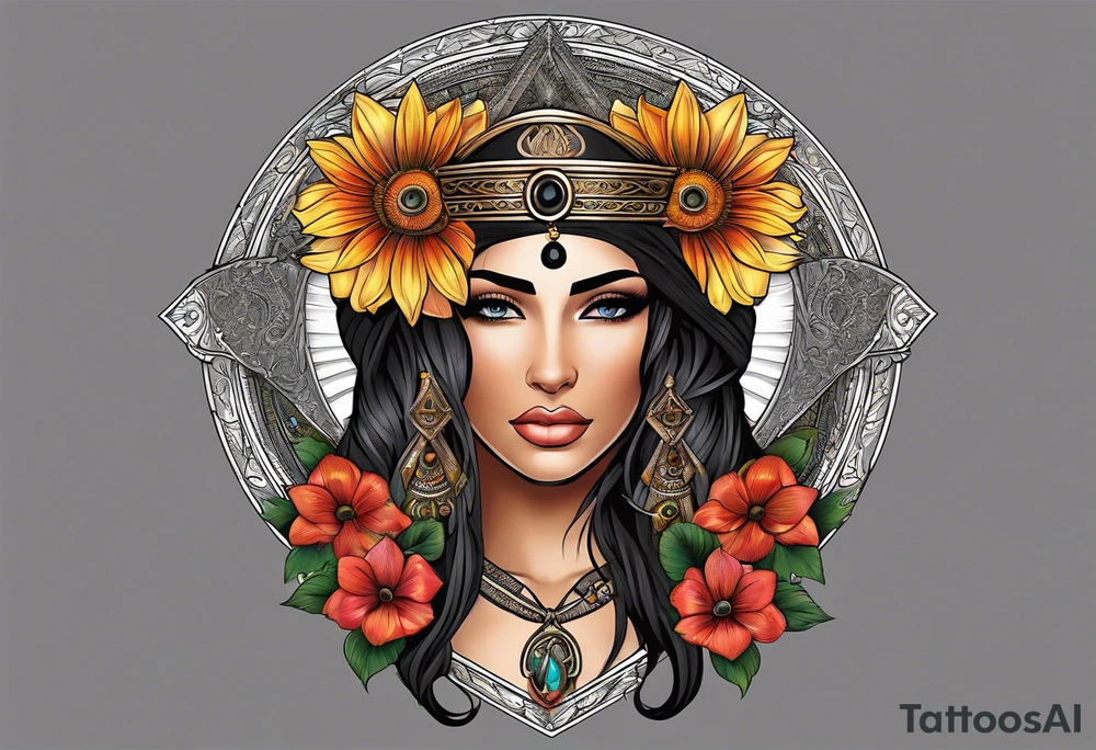 Isis (top center): With wings and the sun disc on her head, holding the ankh.
Iustitia (bottom left): With scales and sword, blindfolded.
Aphrodite (lower right): Decorated with flowers and doves. tattoo idea