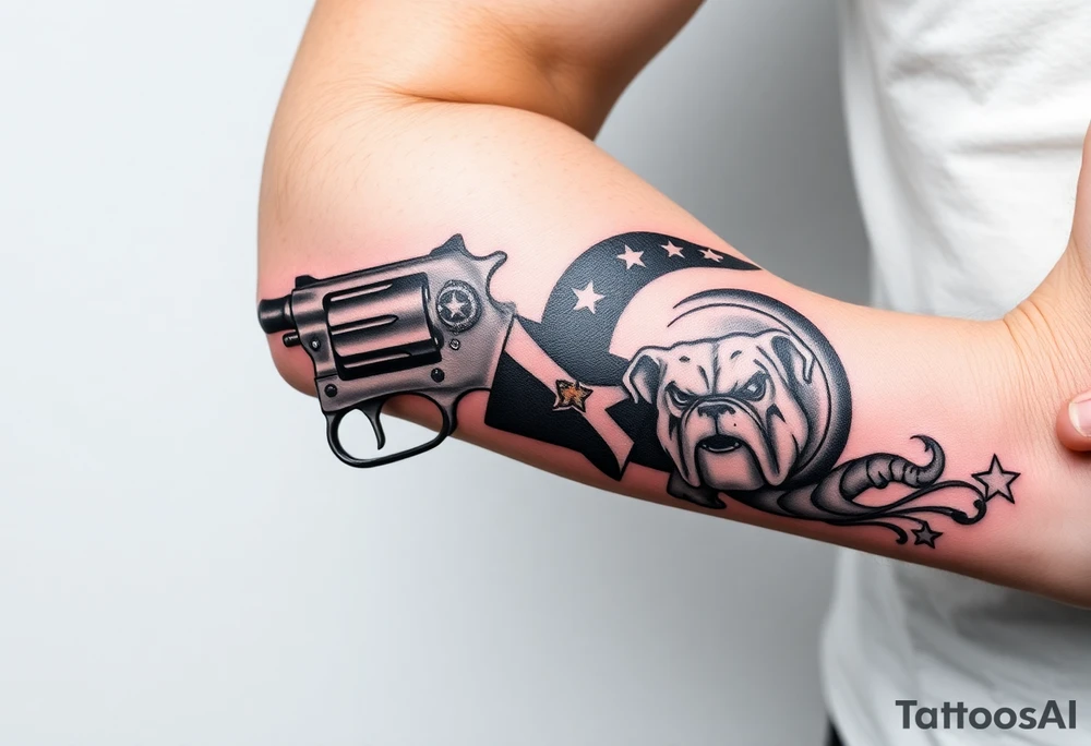 Revolver, American flag, state of florida, grenade, horseshoe, bulldog and blended into a half forearm sleeve with designed filling for a full arm sleeve tattoo idea