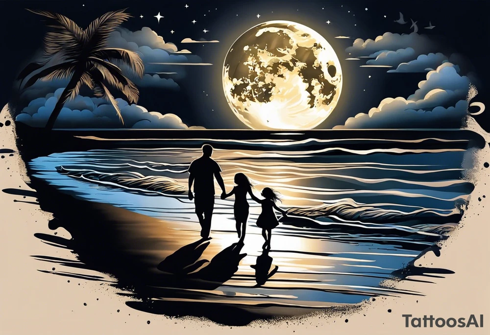 Create a stunning image of a realistic tattoo design that features a husband and wife holding hands, accompanied by their two children, walking along a beautiful beach. The moon shines radiantly in the night sky, illuminating the serene scene. Let your creativity flourish as you envision the intricate details that bring this tattoo to life, encapsulating the essence of love, family, and the awe-inspiring beauty of nature. tattoo idea