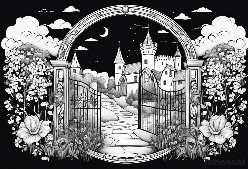 night medieval town garden small houses gate entrance
in circle vignette surrounded by clouds floral tattoo idea