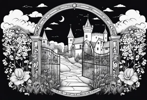 night medieval town  garden small houses gate entrance 
 in circle vignette surrounded by clouds floral tattoo idea