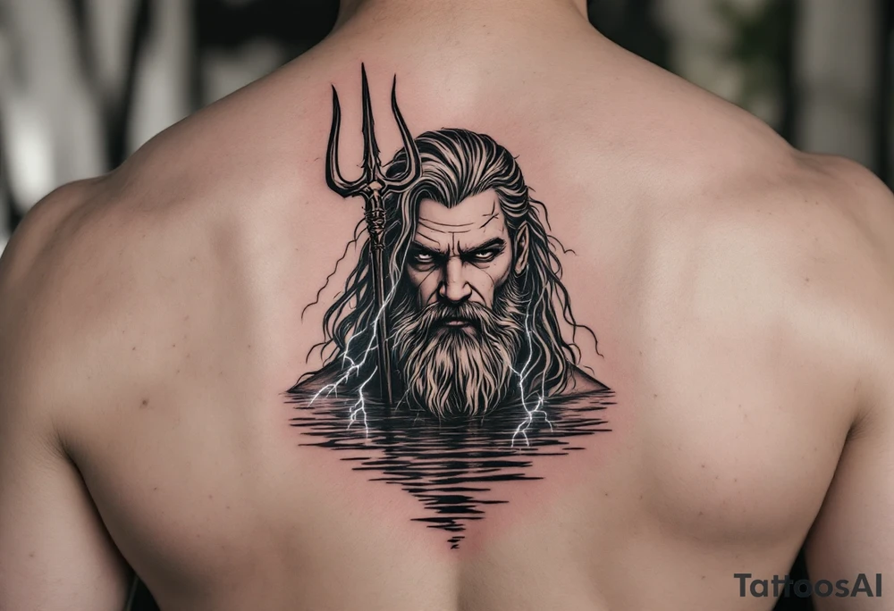 fit poseidon, behind a trident, with lightning, in calm water tattoo idea