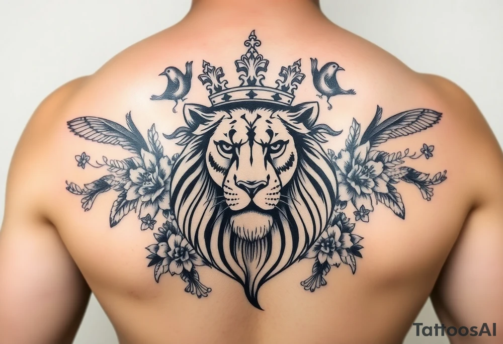 powerful majestic lion with a crown, surrounded by floral ornaments and birds tattoo idea