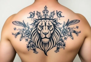 powerful majestic lion with a crown, surrounded by floral ornaments and birds tattoo idea