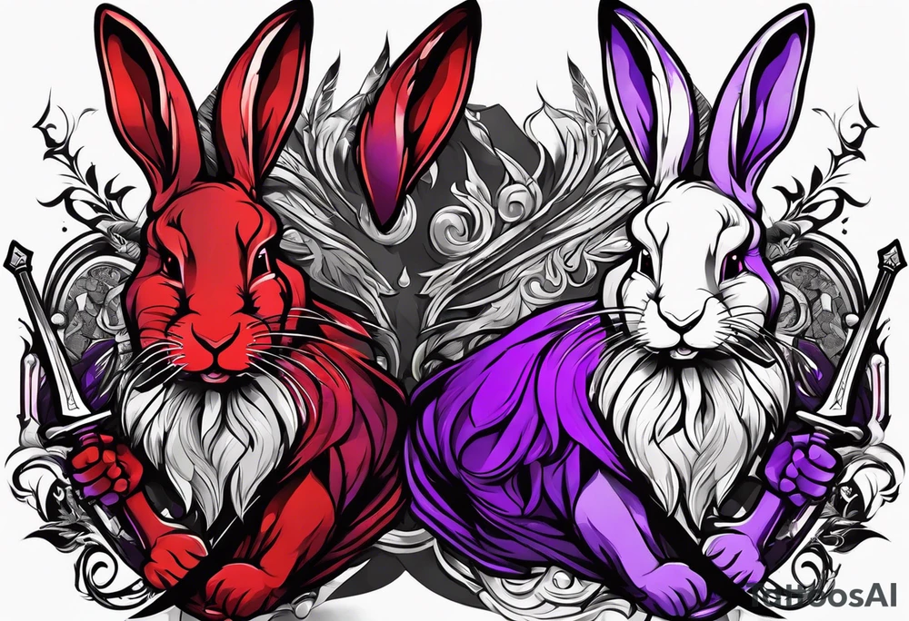 Black, red, and purple rabbit holding a sword tattoo idea