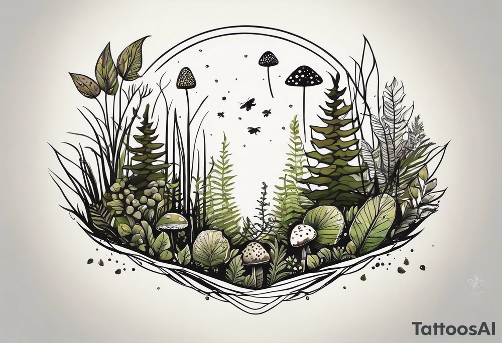 minimalistic forest floor inspired tattoo, which includes grass, moss, curly ferns and dead leaves as the bulk of the tattoo. details to include: forest berries, couple of very small brown mushrooms, a tiny bumblebee flying nearby tattoo idea