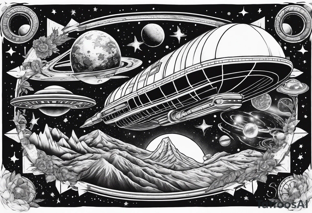 space themed arm sleeve with aliens ufos airplanes and rockets tattoo idea