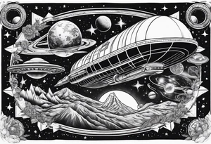 space themed arm sleeve with aliens ufos airplanes and rockets tattoo idea
