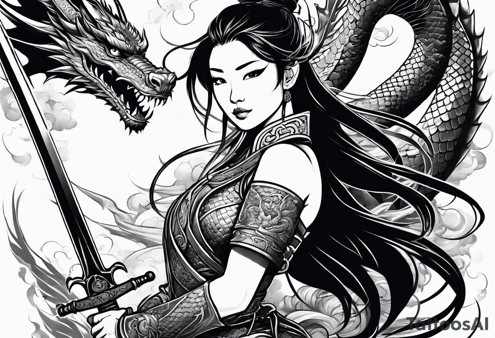 asian warrior princess with swords and a dragon partner tattoo idea