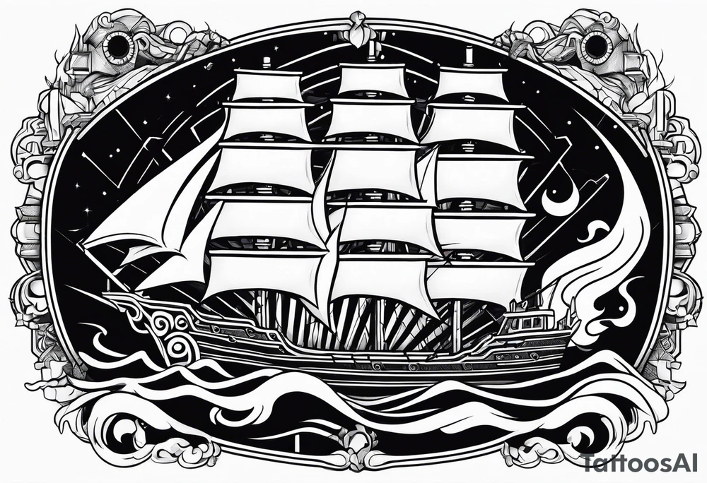 A very abstract mechanical or even technical design in the shape of a ship on fire tattoo idea