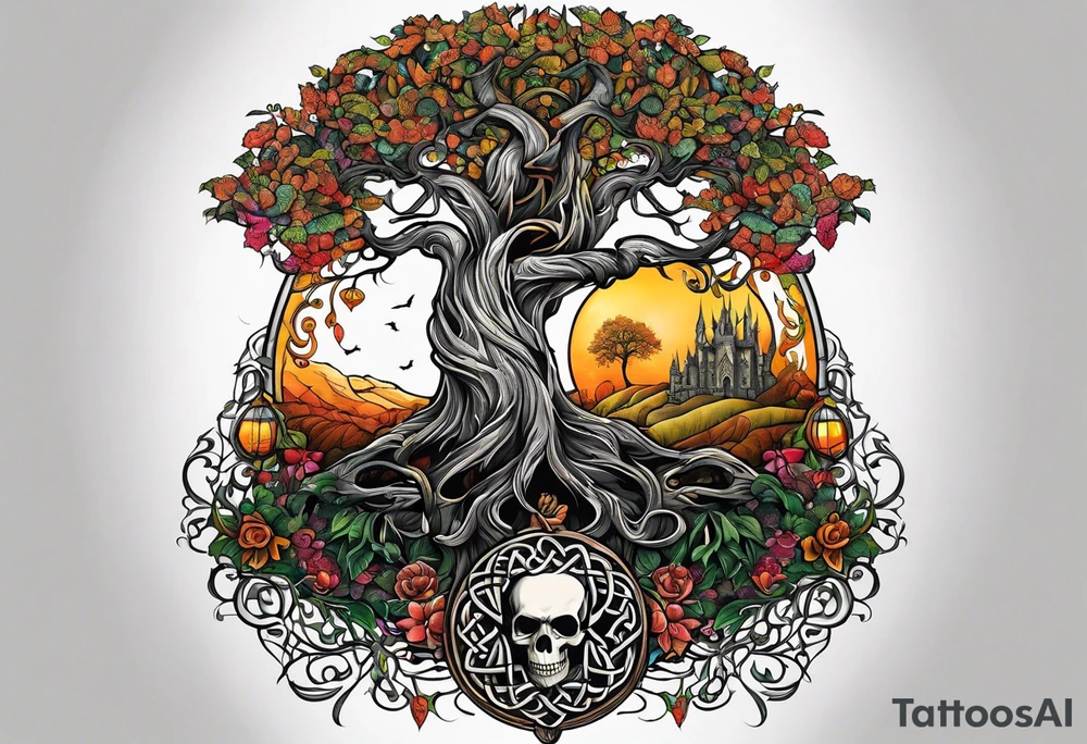Skeletons beneath Celtic tree of life tattoo idea