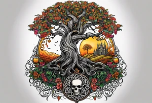 Skeletons beneath Celtic tree of life tattoo idea