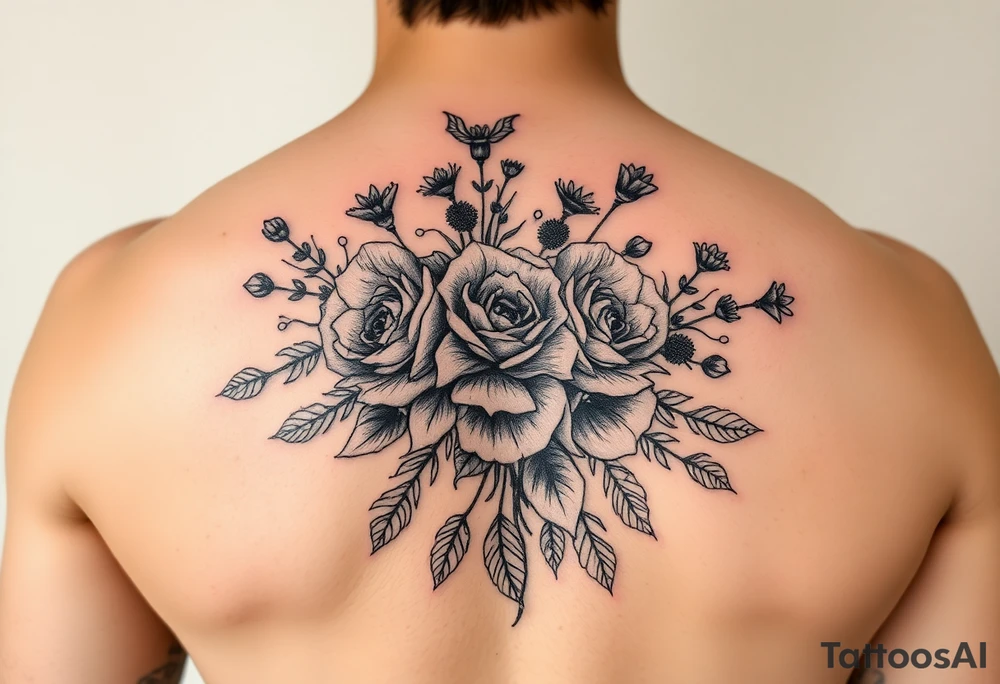 vintage bouquet of wild roses and meadow flowers with morning dew tattoo idea