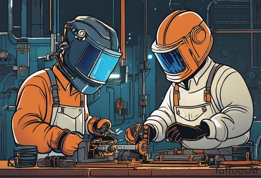 Two 60-year-old characters working together on creating a big mechanism made of iron and electronic circuits. The first character is a welder, dressed in a welding suit and mask. The second character is a fitter, wearing a shirt with sleeves rolled up to the forearms and a tool belt. No hat. The mechanism they are working on should be in the center of the drawing, should look like a heart and to be 1\5 of the whole immage.  Characters positioned on either side of the mechanism. The sketch should convey a sense of teamwork and craftsmanship tattoo idea