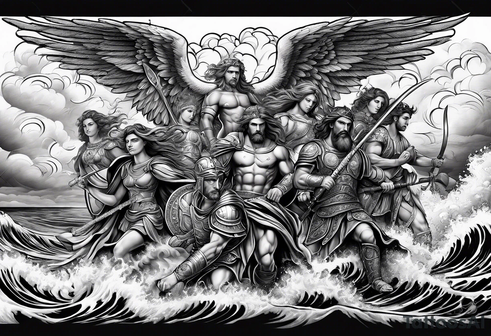 Angels and Roman warriors with clouds and ocean waves tattoo idea