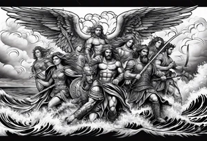 Angels and Roman warriors with clouds and ocean waves tattoo idea