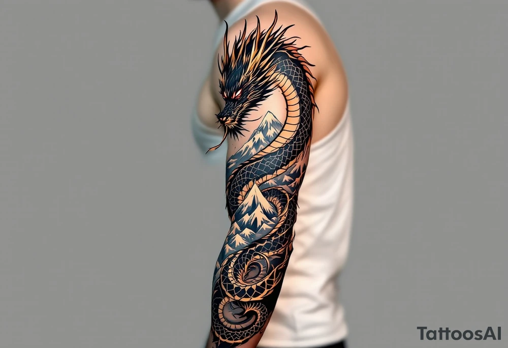 A black ink dragon with red eyes and golden claws, coiled around a mountain peak, representing power and wisdom. tattoo idea