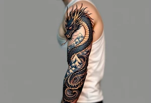 A black ink dragon with red eyes and golden claws, coiled around a mountain peak, representing power and wisdom. tattoo idea