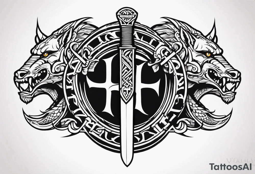 Valhalla sword dragon head axe viking church tattoo idea