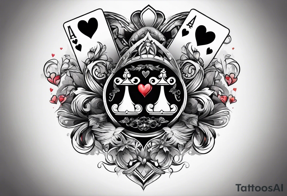 6 aces, overlapping in a row, first two faded and worn aces of hearts and the later ones new and strong tattoo idea