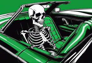 Skeleton smoking a cigarette driving a green 1976 convertible Corvette tattoo idea