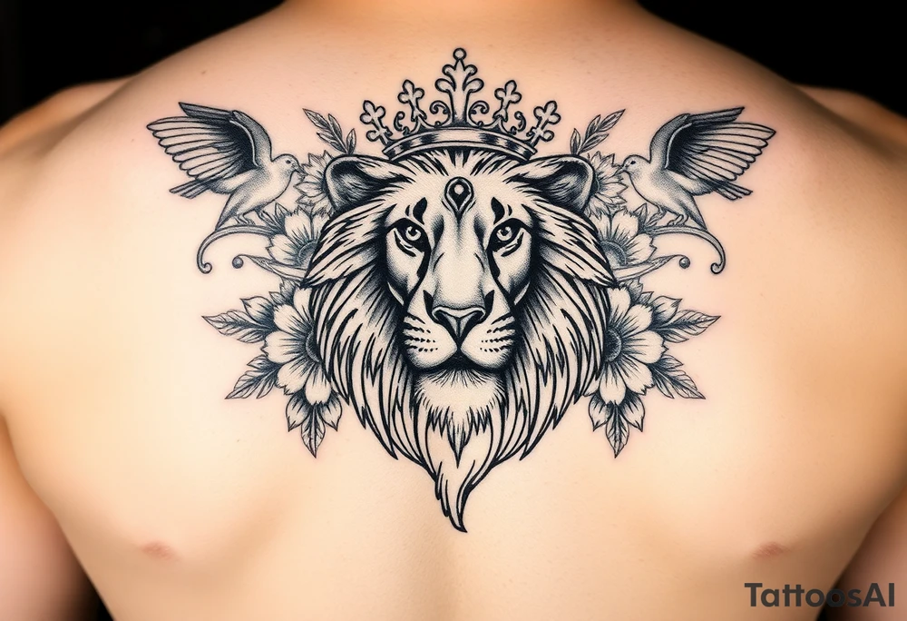 powerful majestic lion with a crown, surrounded by floral ornaments and birds tattoo idea