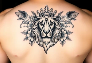 powerful majestic lion with a crown, surrounded by floral ornaments and birds tattoo idea